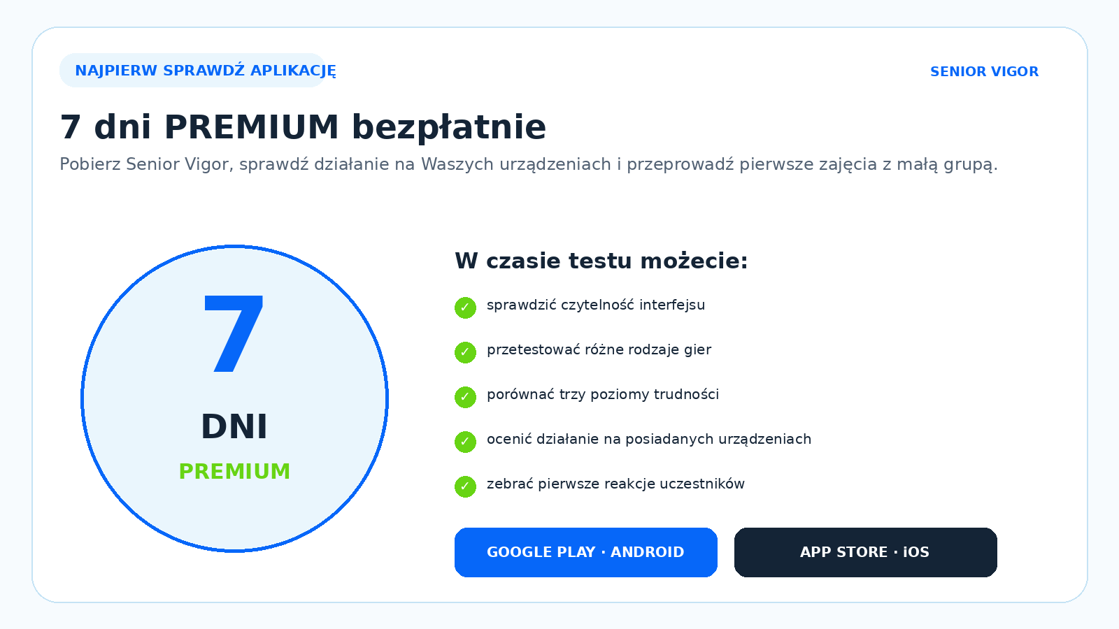 Siedem dni bezpłatnego dostępu do PREMIUM w aplikacji Senior Vigor
